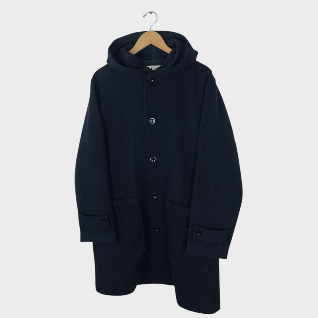 MHL MARGARET HOWELL Men's Dark Navy Blue 100% Wool Hooded Coat