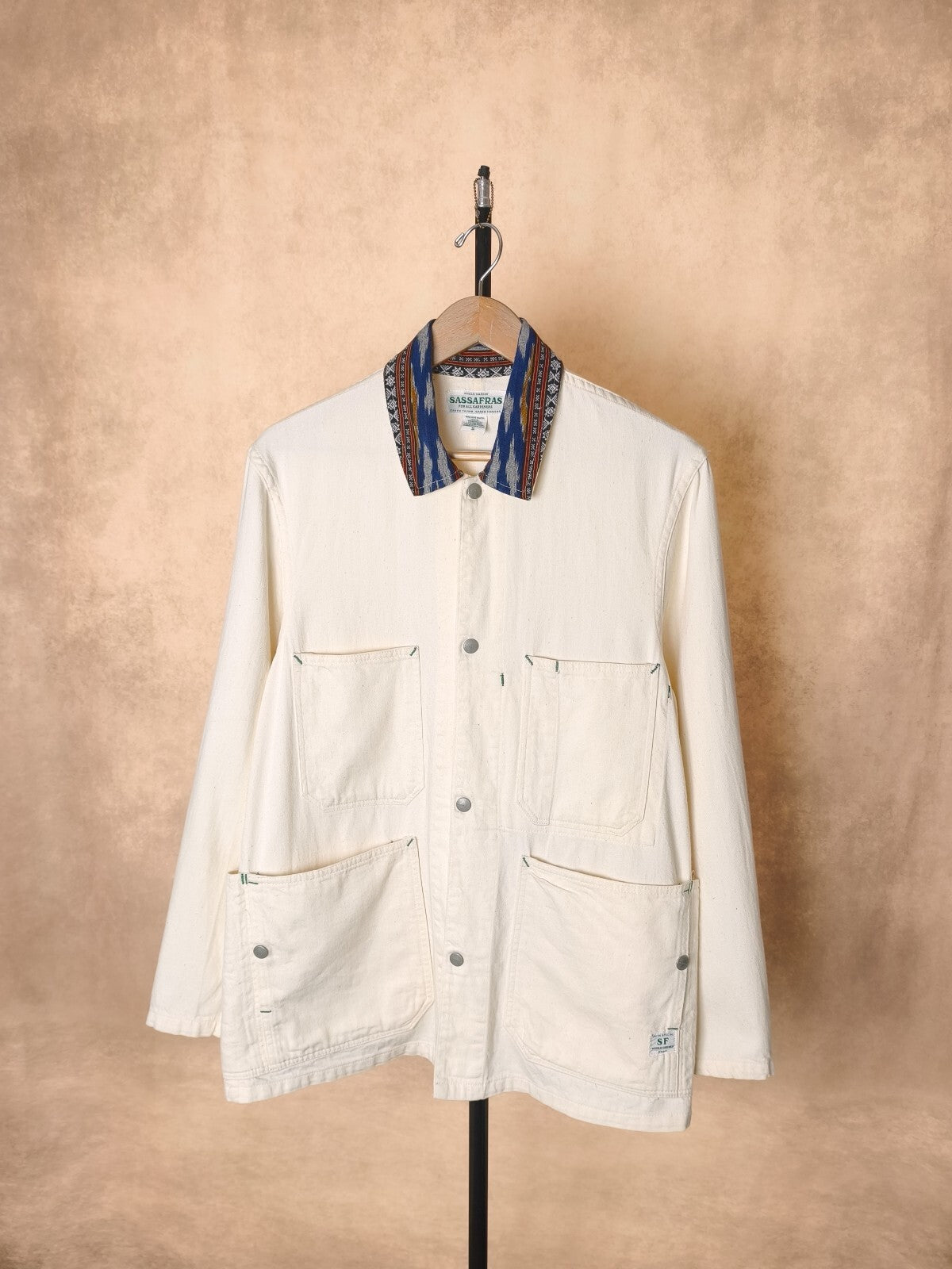 SASSAFRAS Men's Made in Japan Ecru 8oz Cotton Drill Green Thumb Chore Jacket