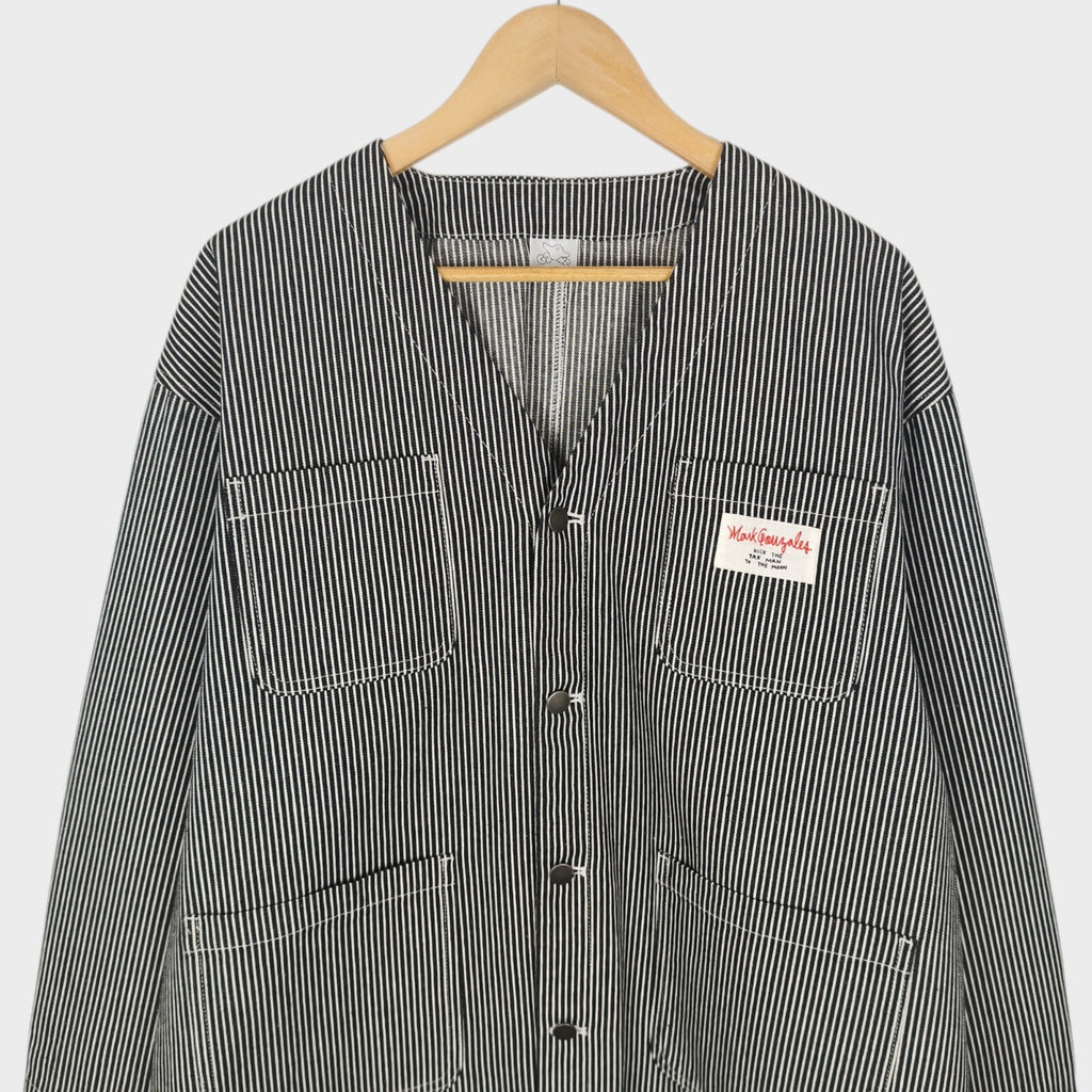 MARK GONZALES Men's Oversized Fit Hickory Stripe V-Neck Engineer Chore Jacket