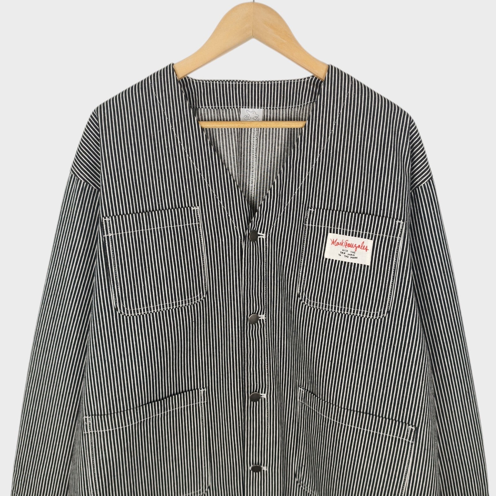 MARK GONZALES Men's Oversized Fit Hickory Stripe V-Neck Engineer Chore Jacket