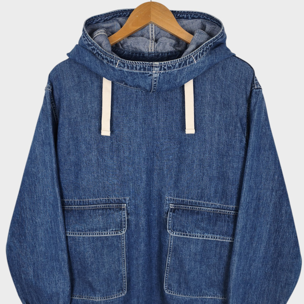 BEAMS Men's Relaxed Fit Washed Blue Denim Anorak Smock Jacket