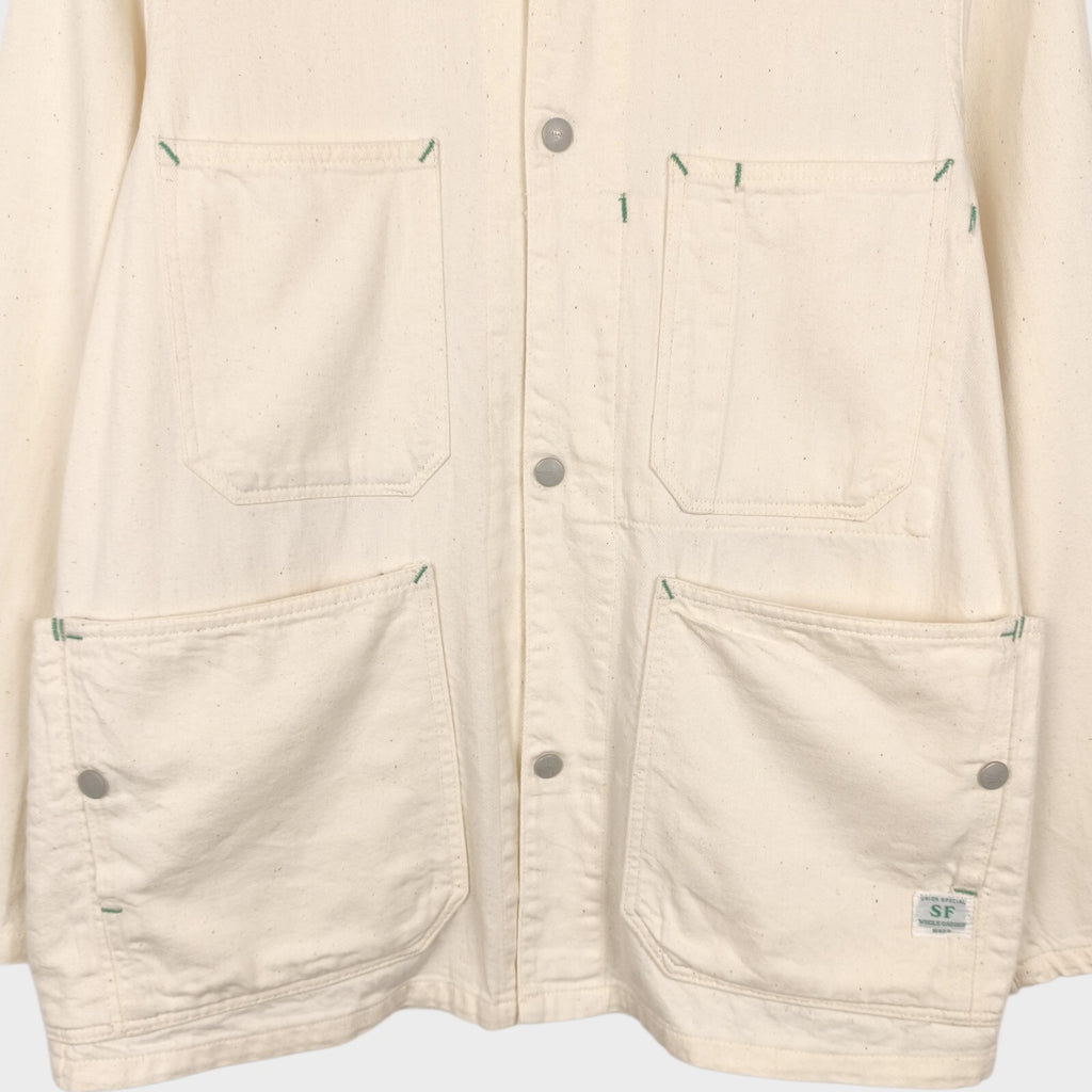 SASSAFRAS Men's Made in Japan Ecru 8oz Cotton Drill Green Thumb Chore Jacket