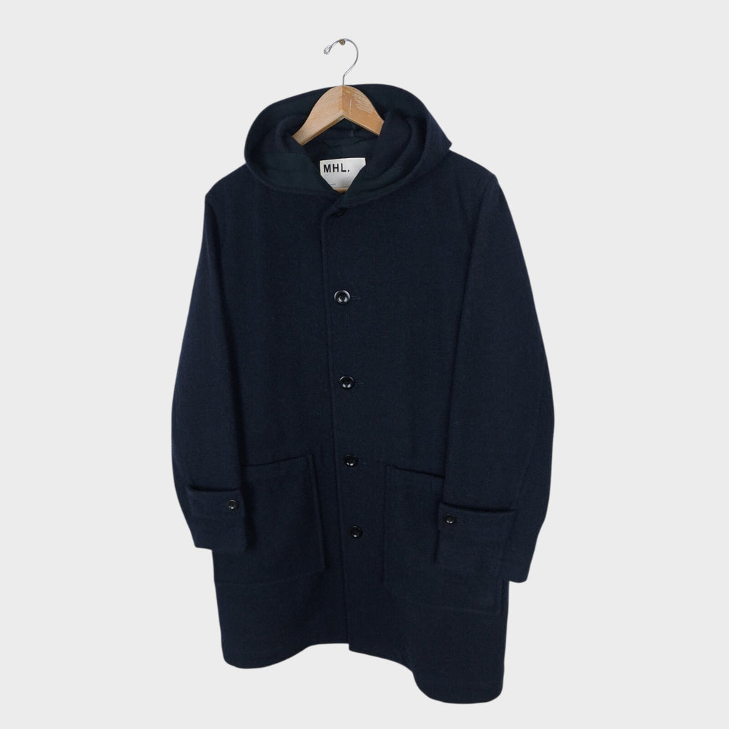 MHL MARGARET HOWELL Men's Dark Navy Blue 100% Wool Hooded Coat