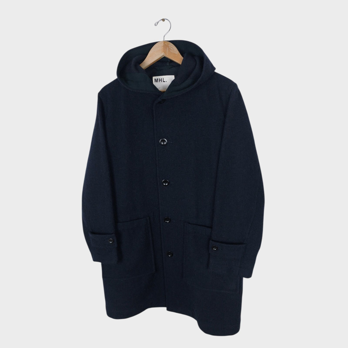 MHL MARGARET HOWELL Men's Dark Navy Blue 100% Wool Hooded Coat