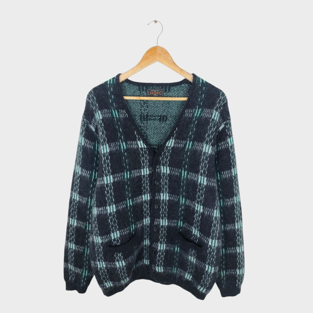 BEAMS PLUS Men's Mohair Blend Shaggy Grunge Jacquard Cardigan