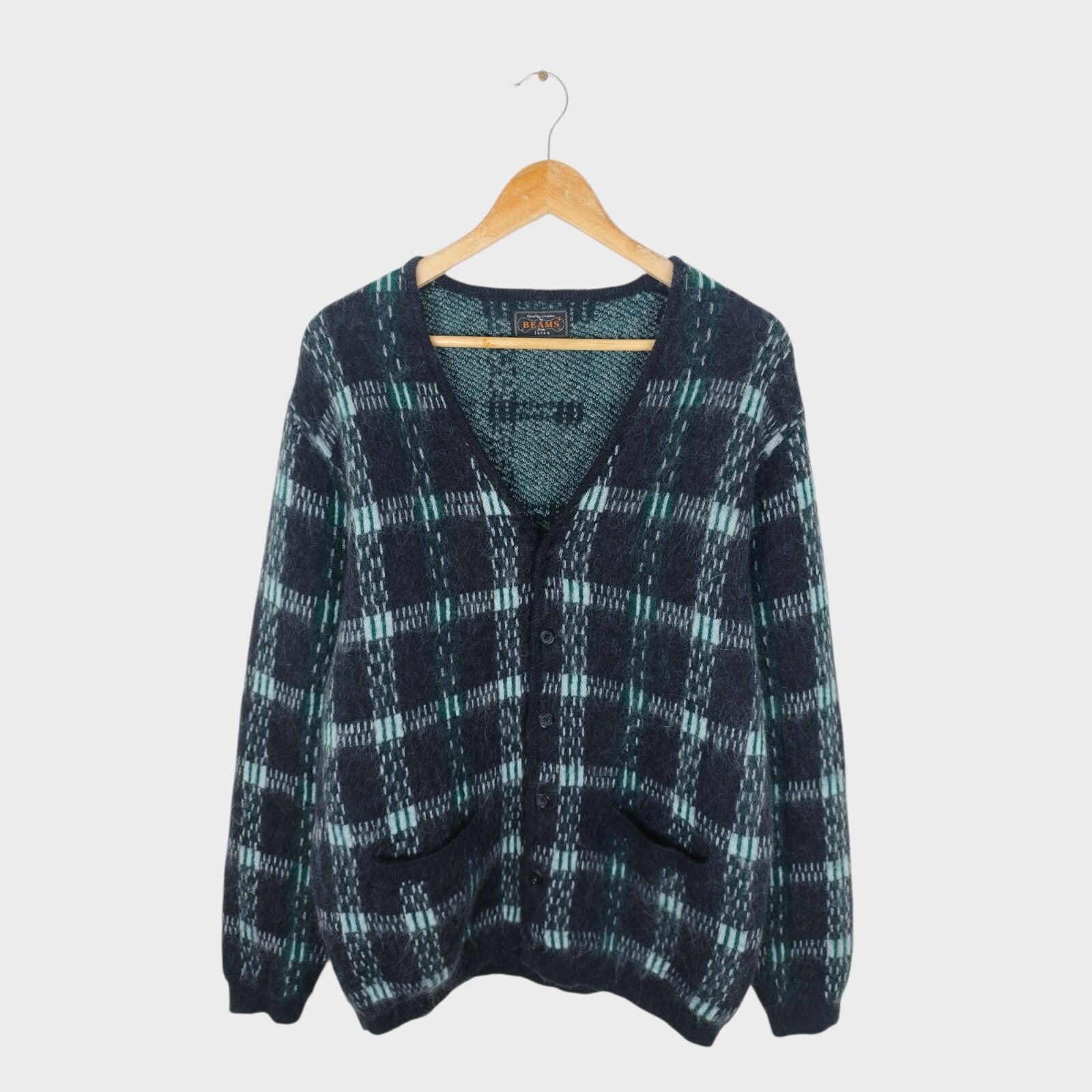 BEAMS PLUS Men's Mohair Blend Shaggy Grunge Jacquard Cardigan