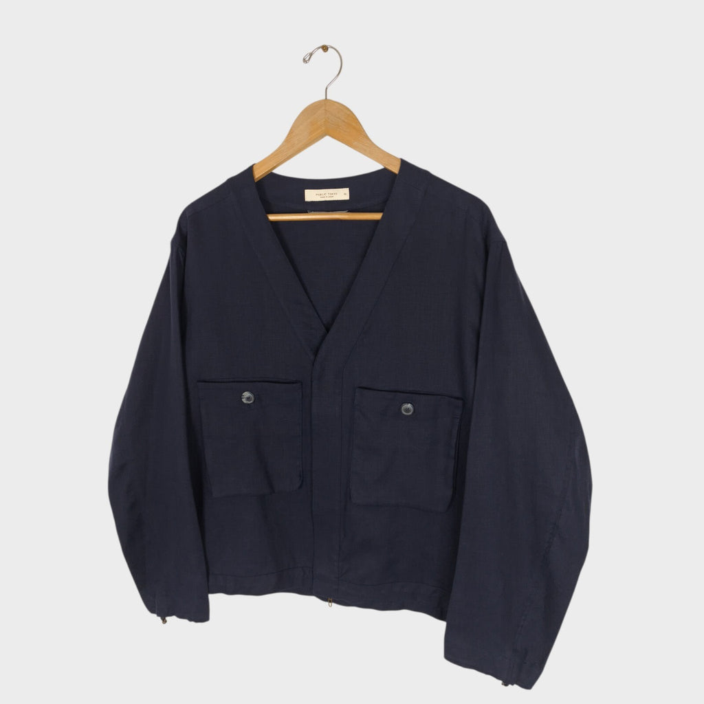 PUBLIC TOKYO Men's Navy Blue Made in Japan 100% Linen V-Neck Utility Jacket