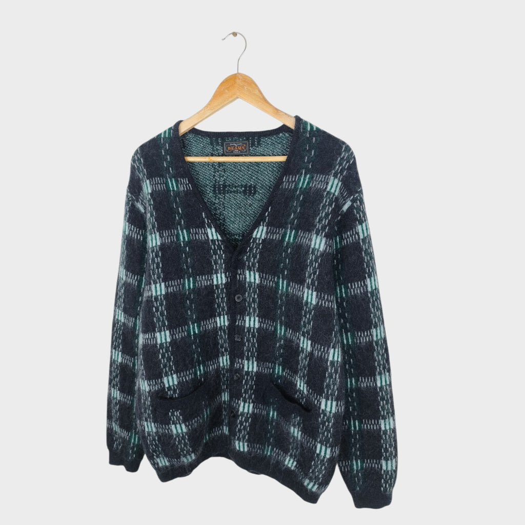 BEAMS PLUS Men's Mohair Blend Shaggy Grunge Jacquard Cardigan