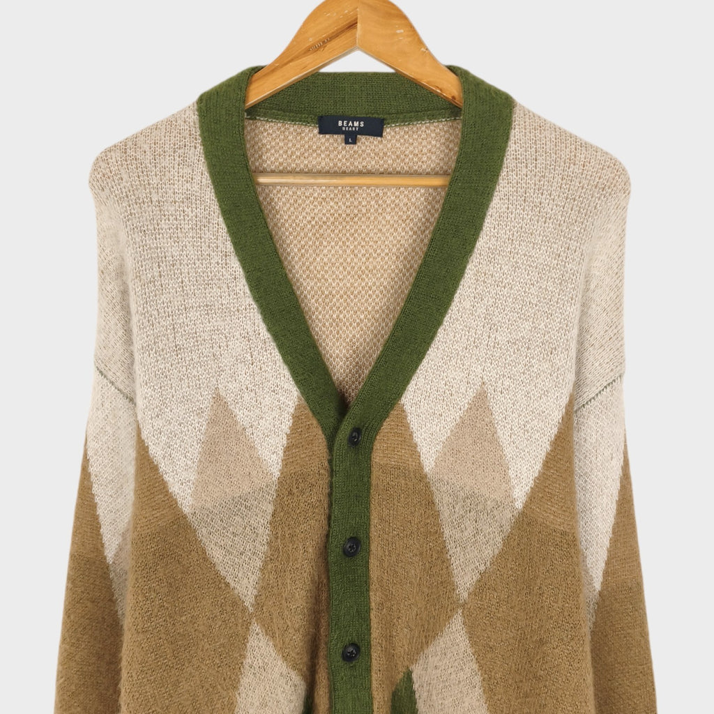 BEAMS HEART Men's Mohair Wool Blend Shaggy Grunge Argyle Cardigan