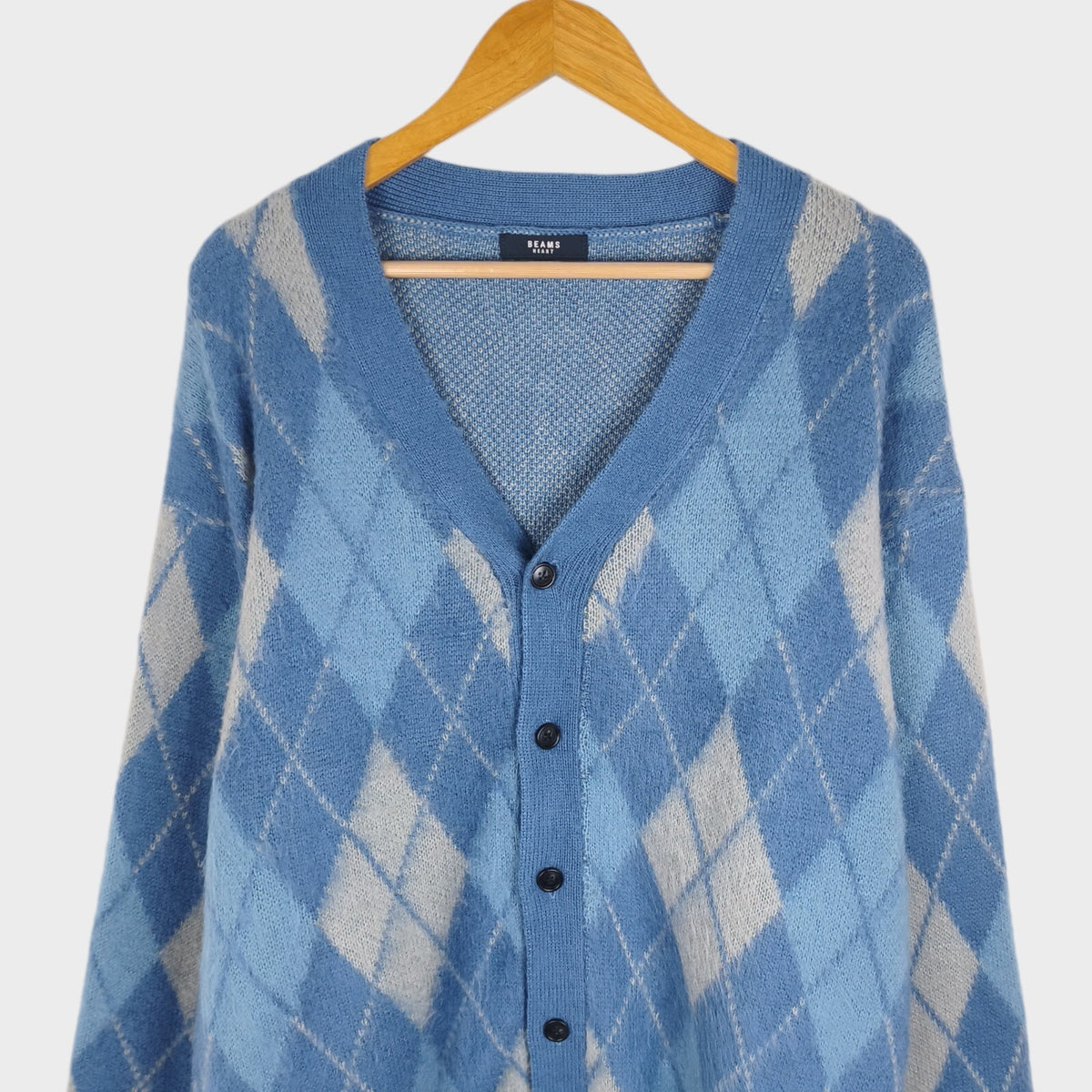 BEAMS HEART Men's Blue Relaxed Shaggy Grunge Argyle Cardigan