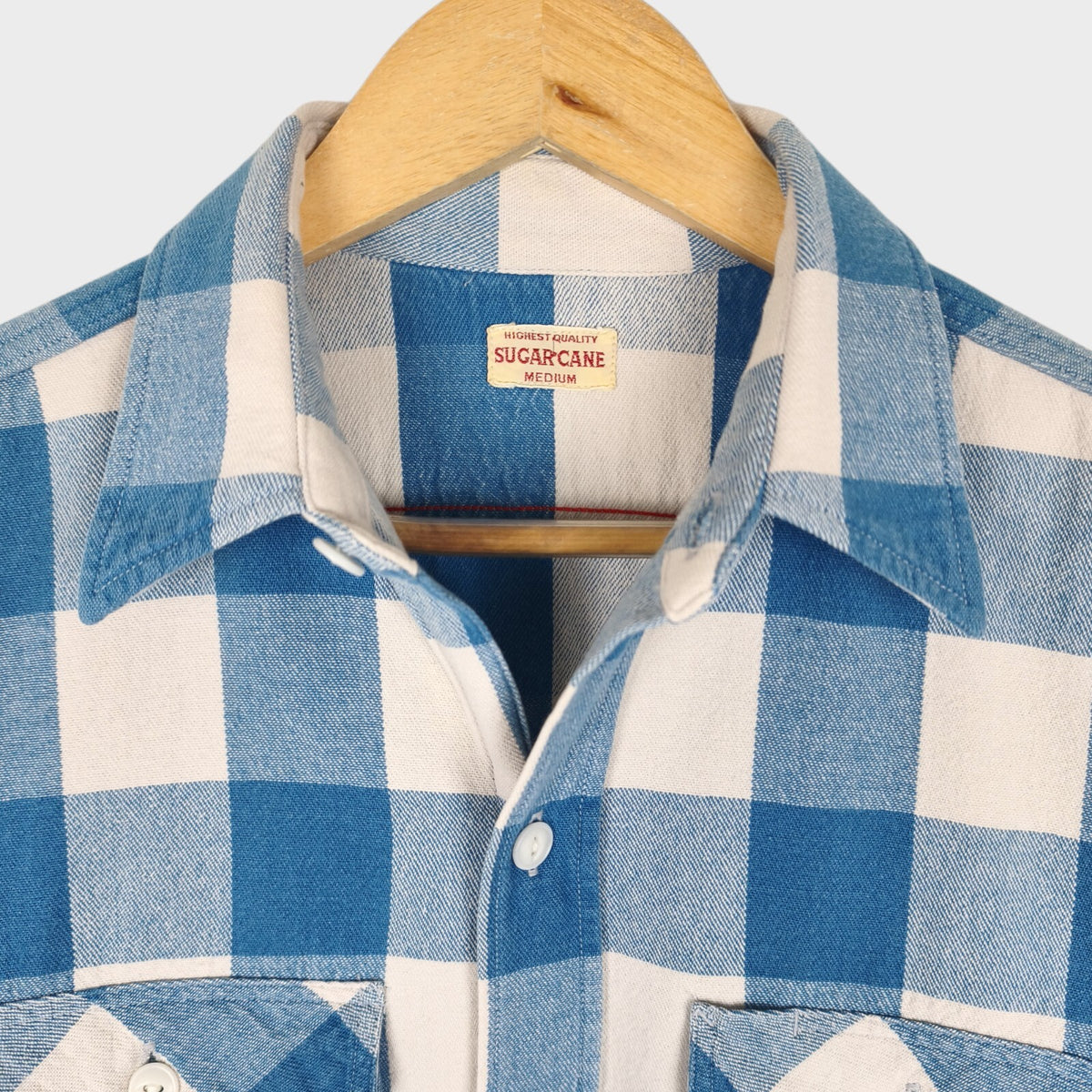 SUGAR CANE Men's Made in Japan Blue Checked Heavyweight Cotton Shirt