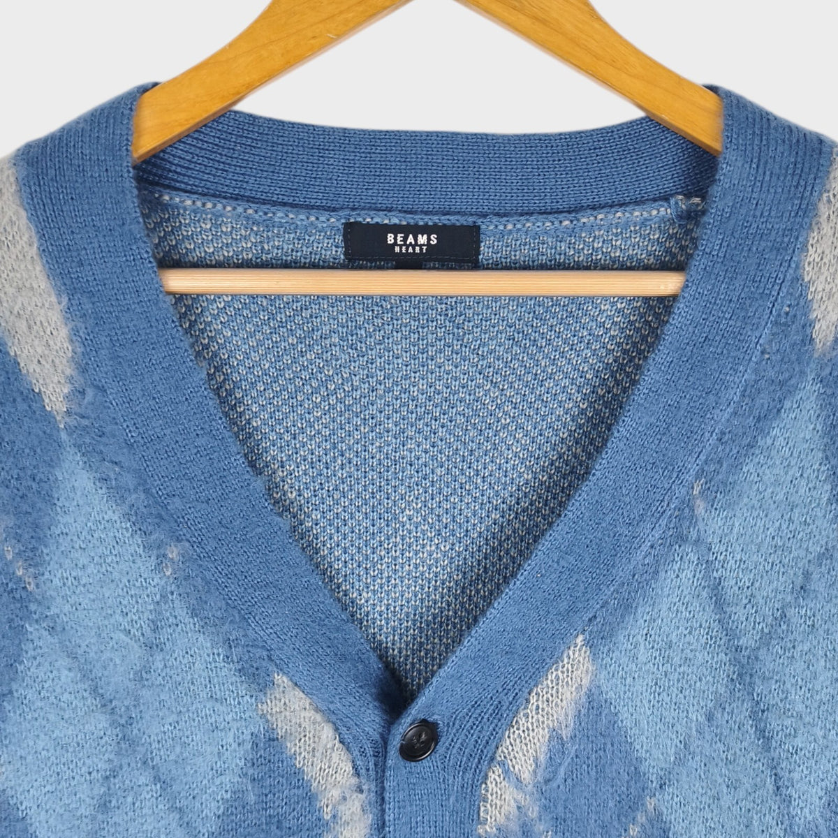 BEAMS HEART Men's Blue Relaxed Shaggy Grunge Argyle Cardigan