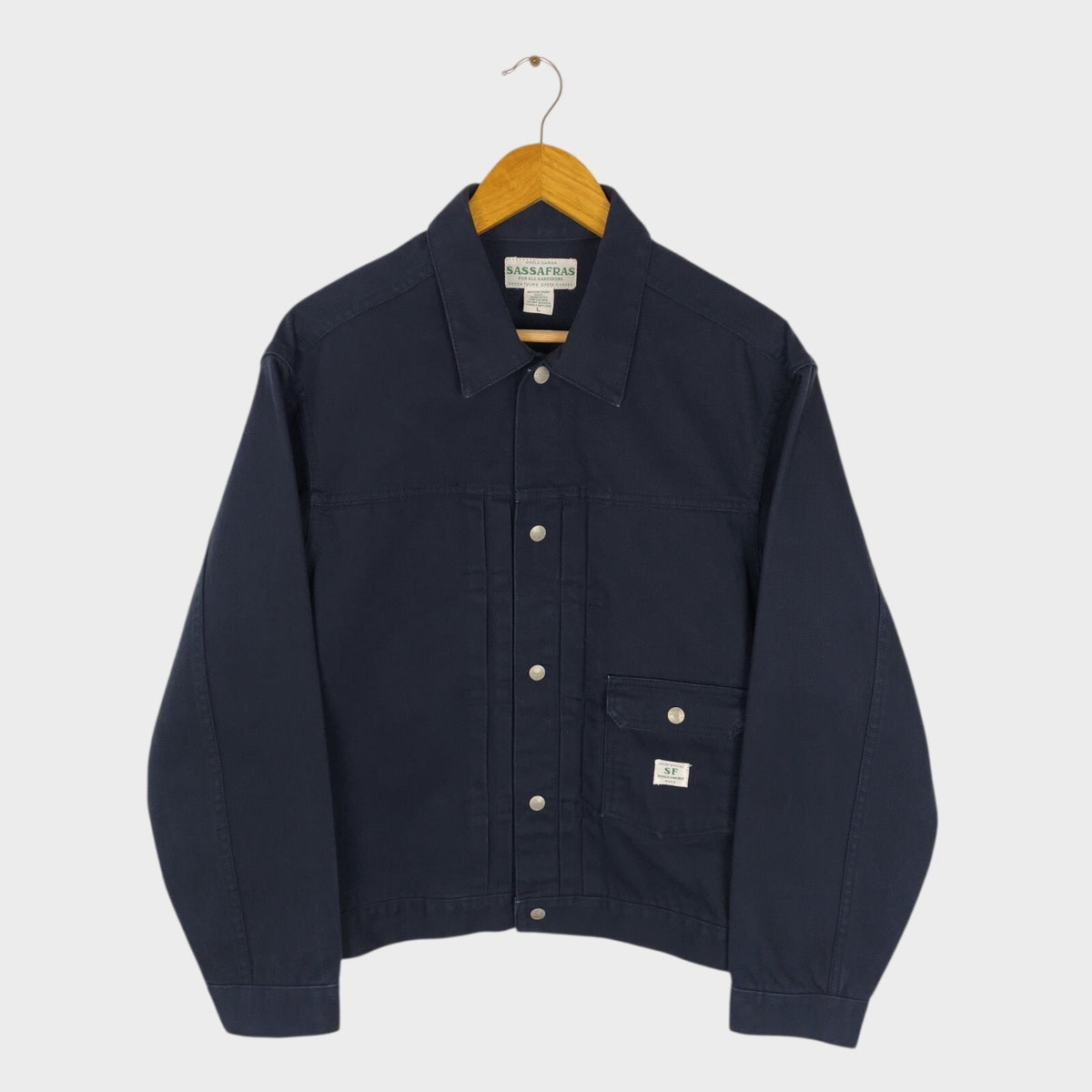 SASSAFRAS Men's Made in Japan Navy Duck Canvas Gardener Trucker Jacket