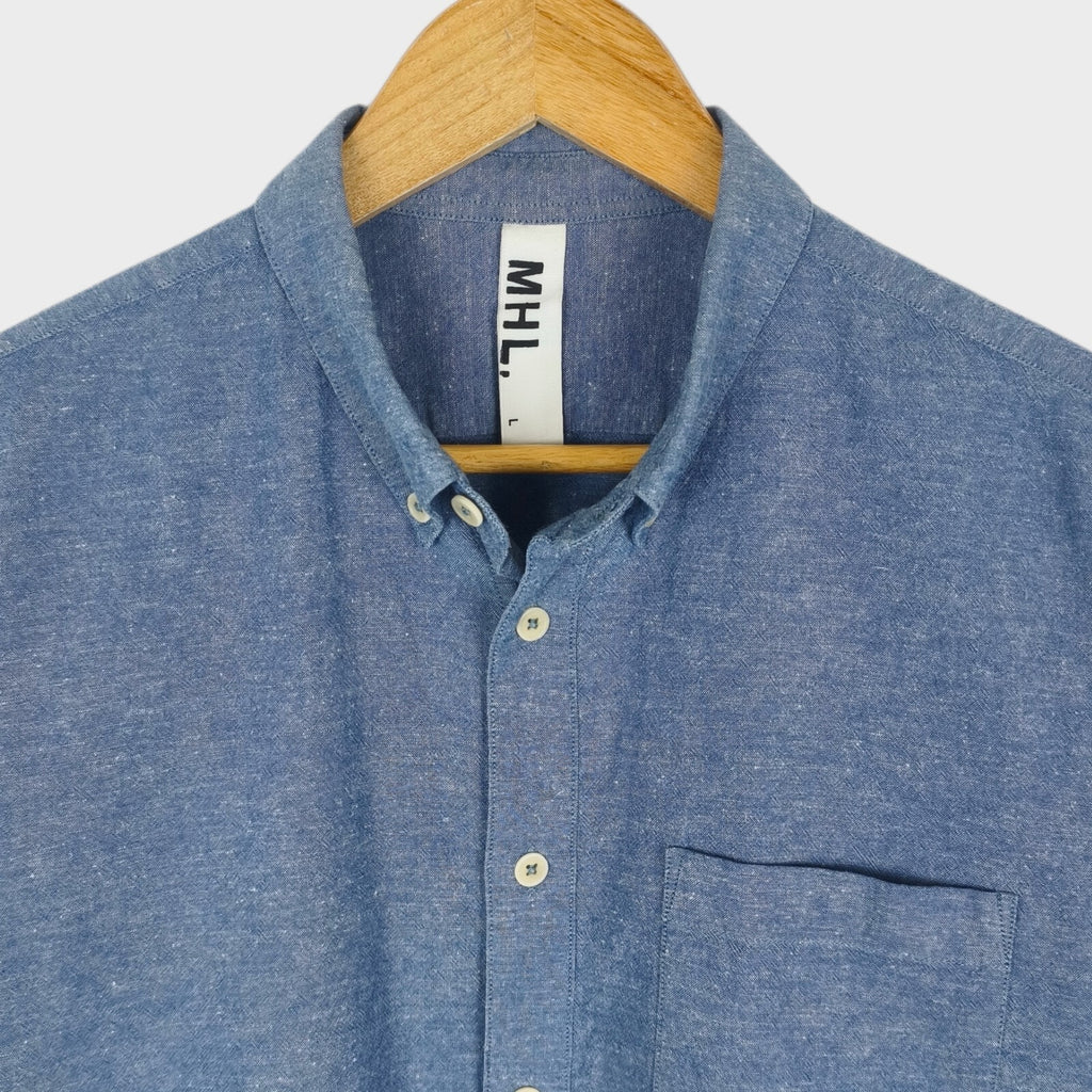 MHL MARGARET HOWELL Men's Blue Cotton/Linen Short Sleeved Shirt