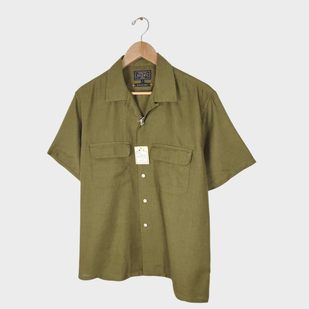 BEAMS PLUS Men's Made in Japan Olive Green Linen Blend Camp Collar Shirt