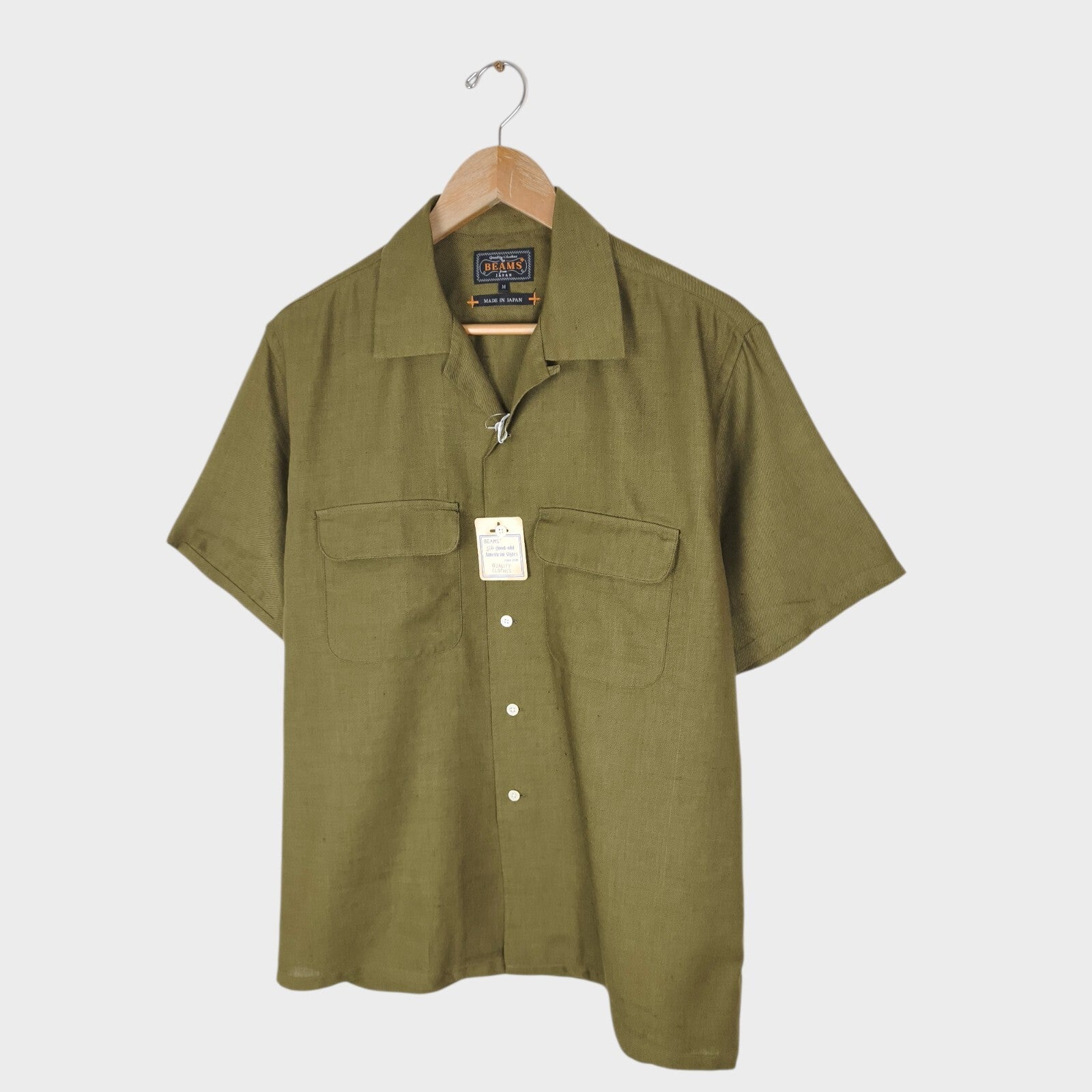 BEAMS PLUS Men's Made in Japan Olive Green Linen Blend Camp Collar Shirt