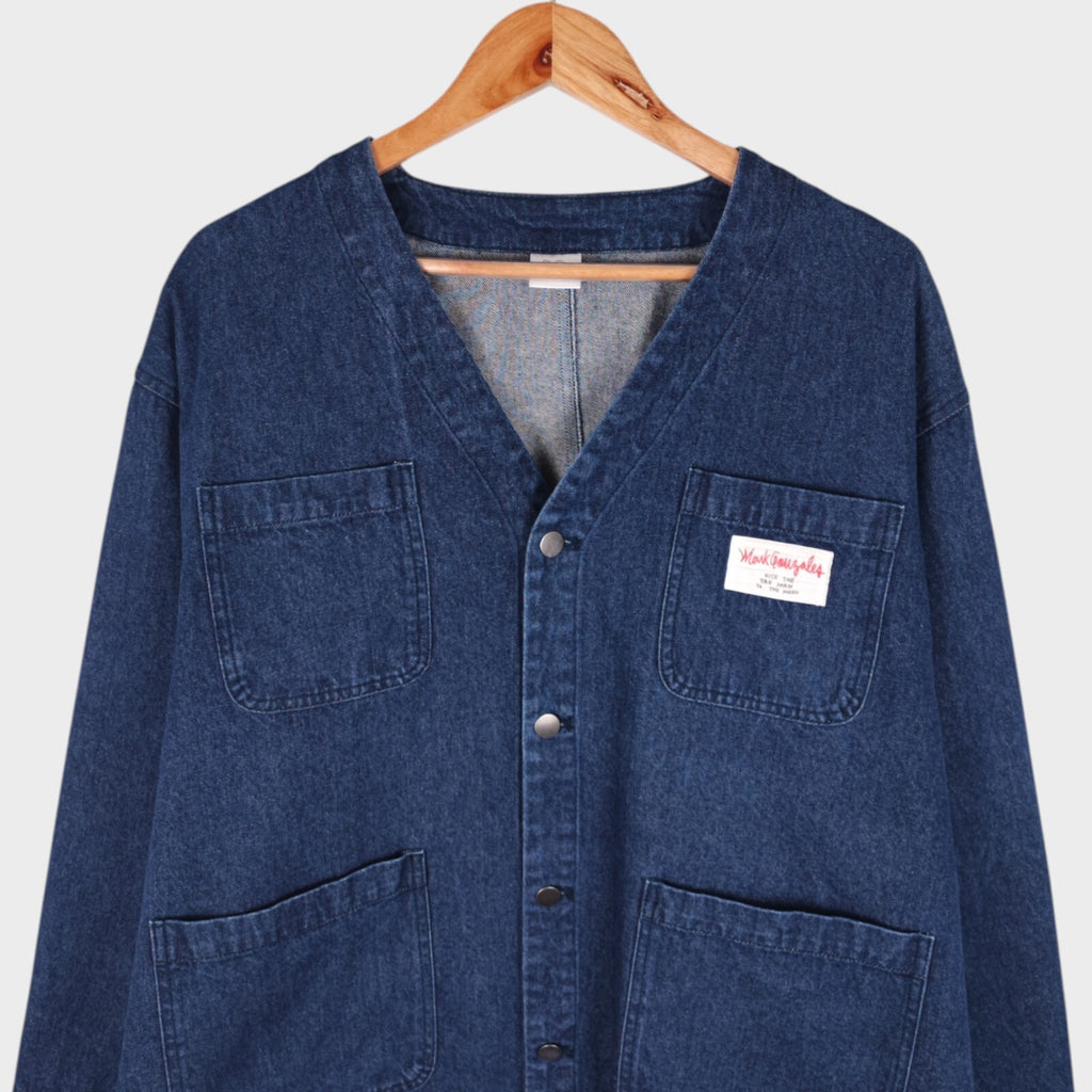 MARK GONZALES Men's Oversized Fit Blue V-Neck Engineer Chore Jacket