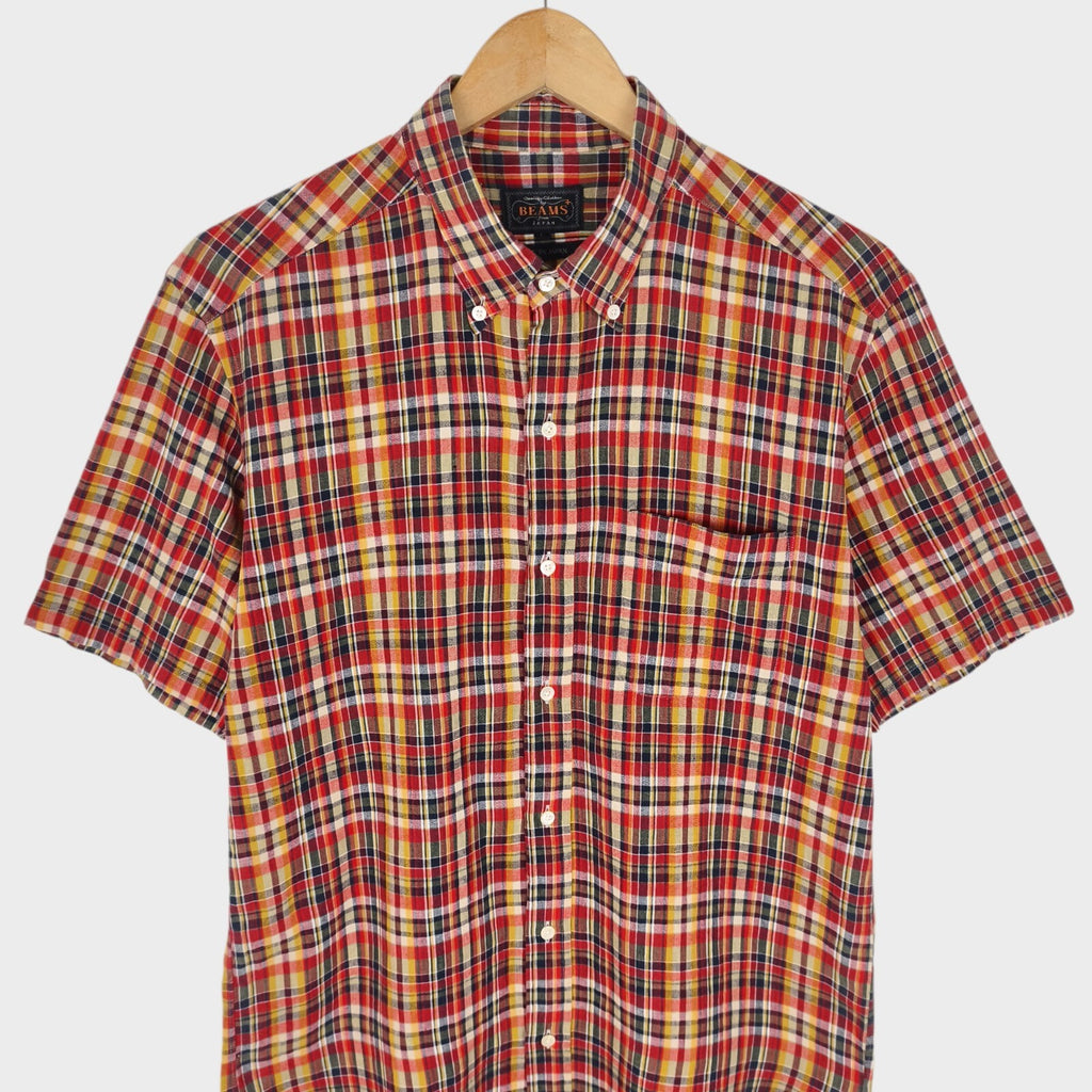 BEAMS PLUS Men's Made in Japan Lightweight Cotton Checked Short Sleeved Shirt