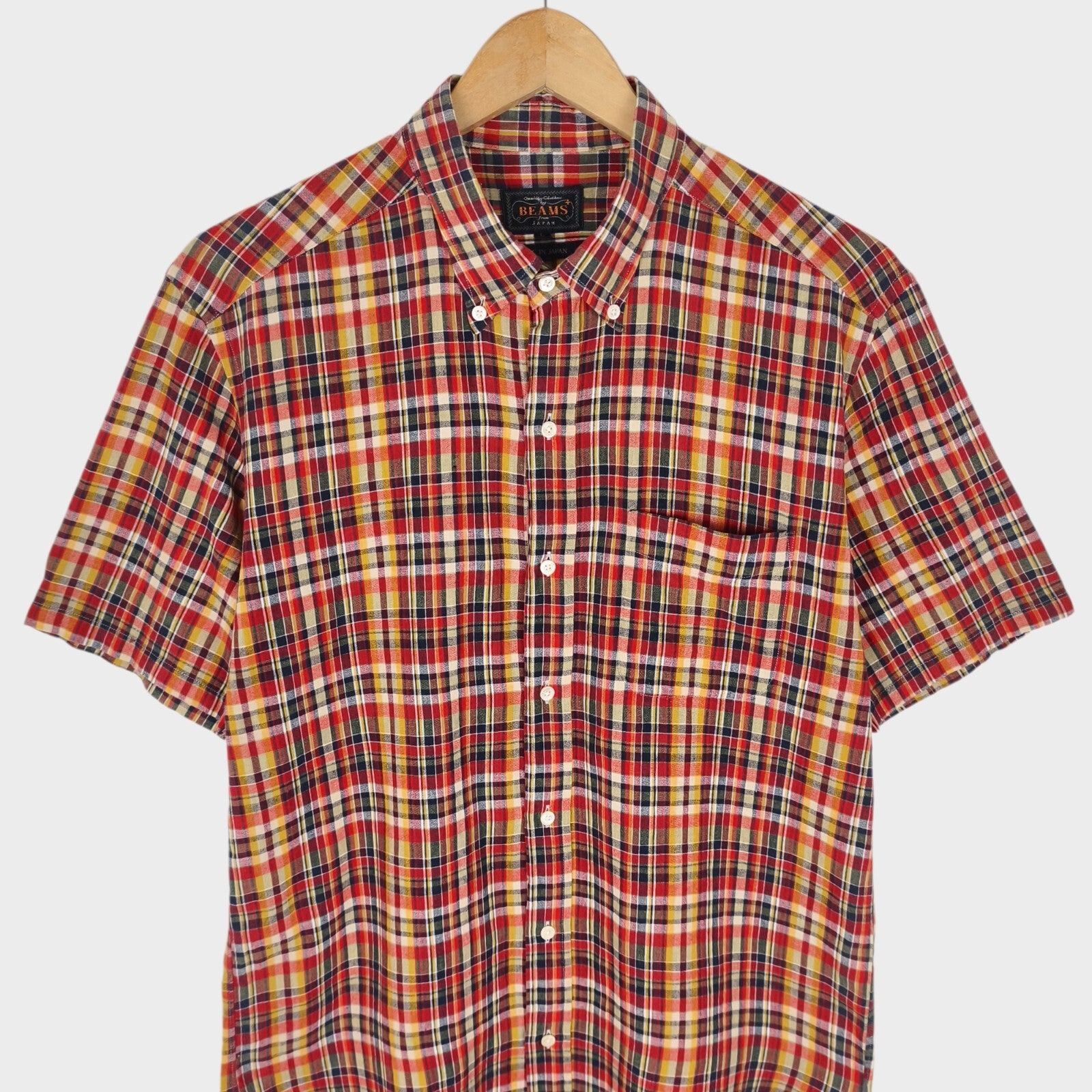 BEAMS PLUS Men's Made in Japan Lightweight Cotton Checked Short Sleeved Shirt