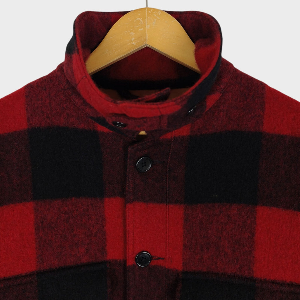 BEAMS PLUS Men's Red/Black Buffalo Wool Blend Check Mackinaw Cruiser Jacket