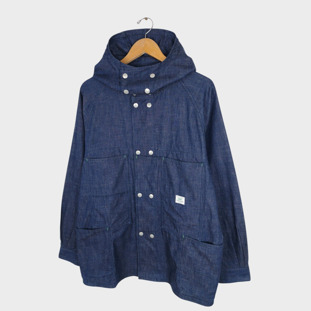 SASSAFRAS Men's Made in Japan Blue Denim Blower Bud Parka Jacket