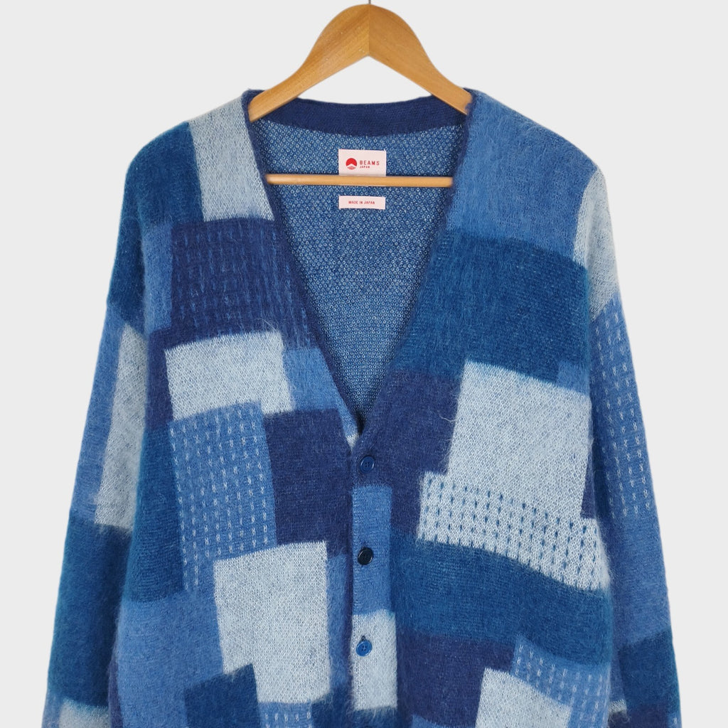 BEAMS JAPAN Men's Made in Japan Blue Boro Jacquard Shaggy Mohair Cardigan