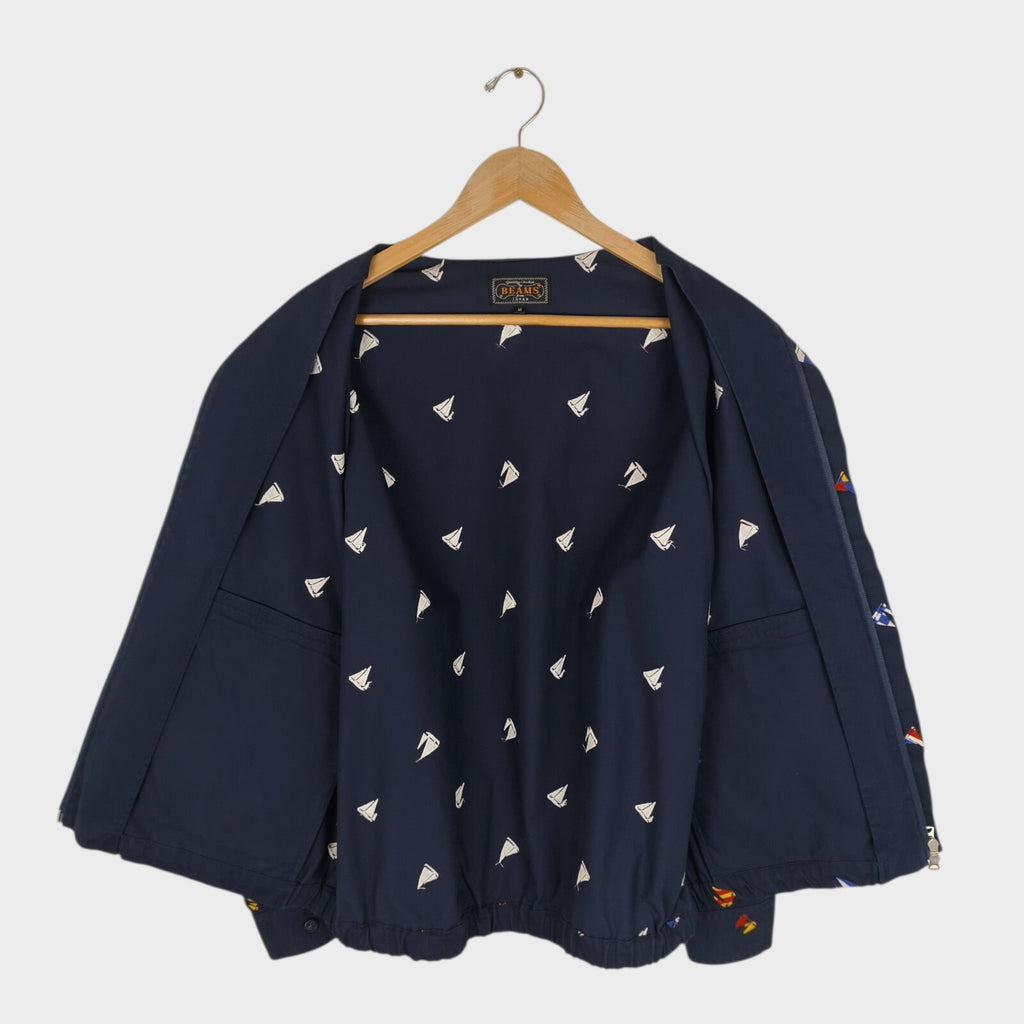 BEAMS PLUS Men's Navy Blue Embroidered Boat Cotton Twill Sailing Jacket