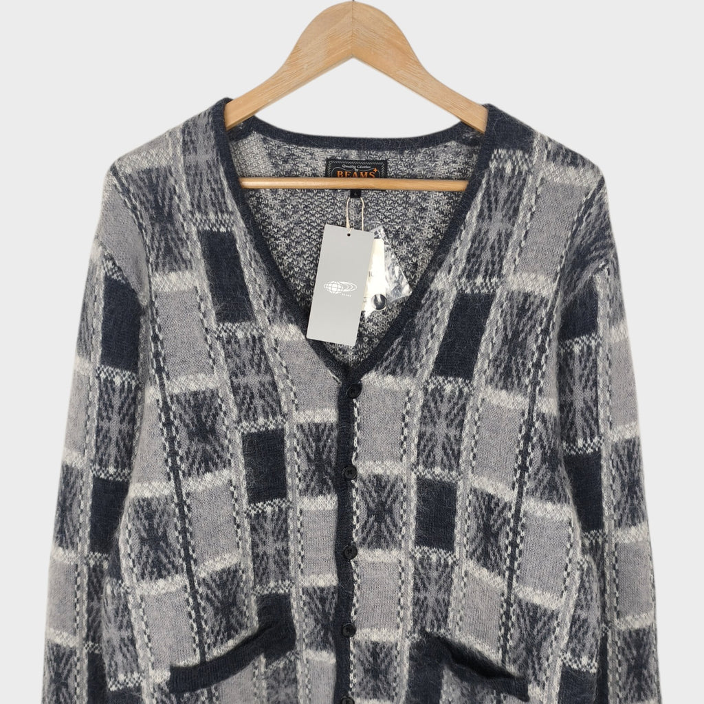 BEAMS PLUS Men's Mohair Blend Shaggy Grunge Geometric Jacquard Cardigan