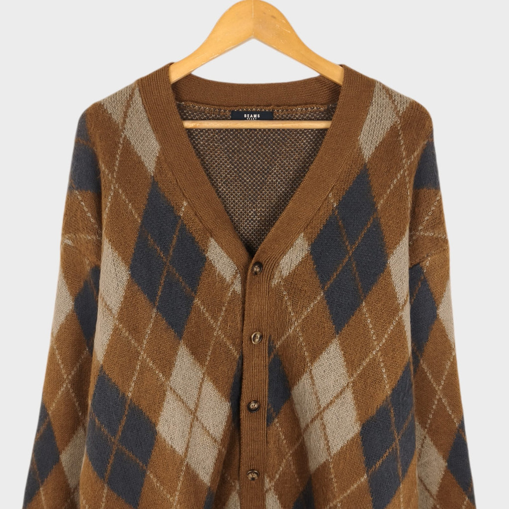 BEAMS HEART Men's Brown Shaggy Grunge Argyle Cardigan