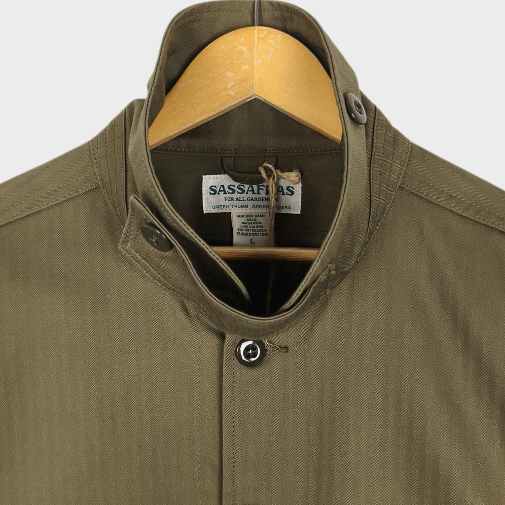 SASSAFRAS Men's Made in Japan Green Herringbone Overgrown Trug Jacket