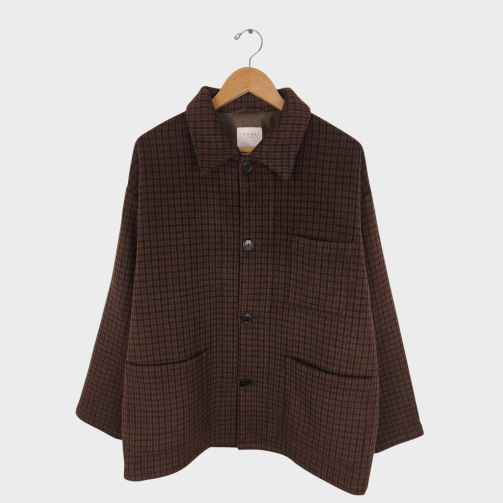 BEAMS B:MING Men's Brown Check Tasmania Wool Blend Chore Jacket