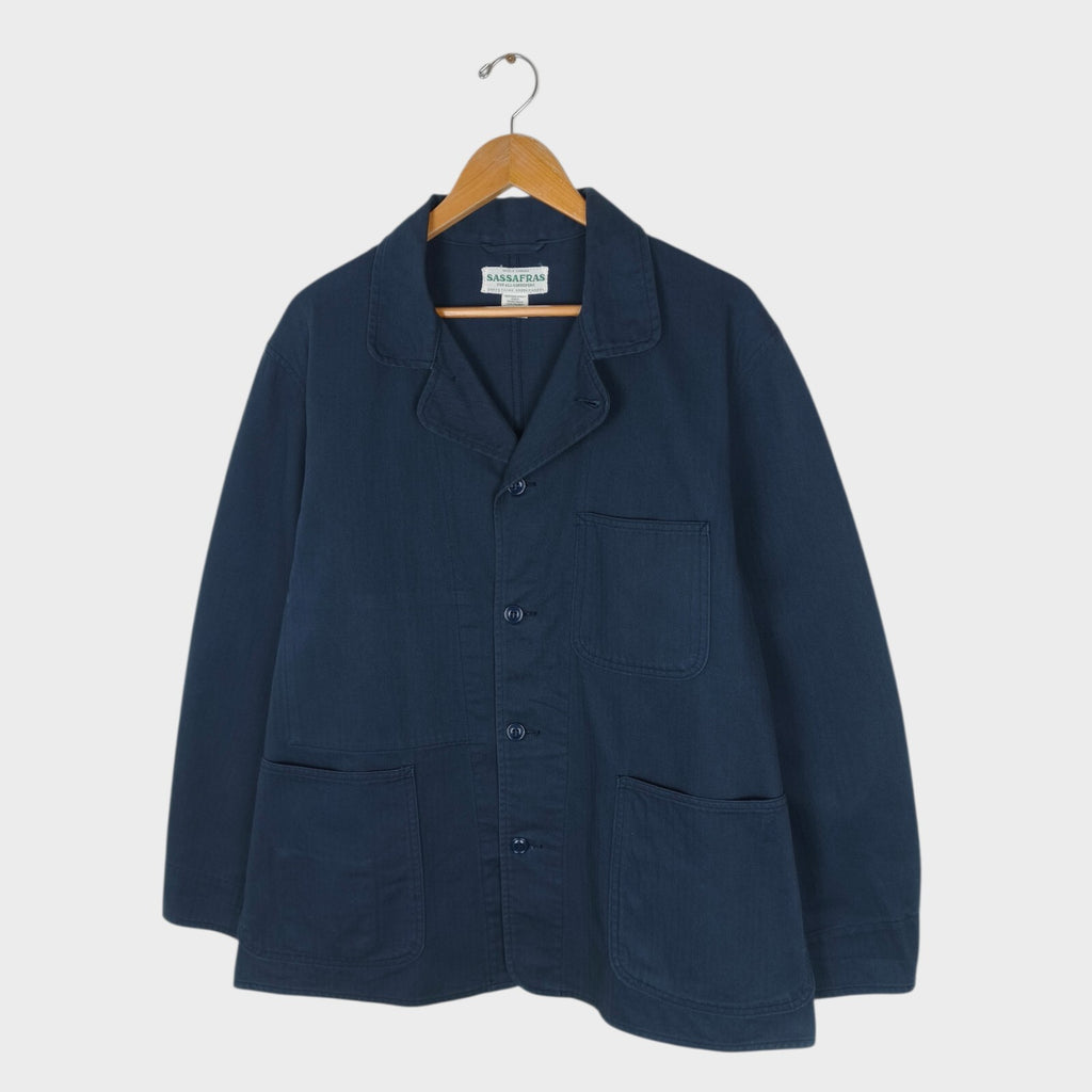 SASSAFRAS Men's Made in Japan Navy Herringbone Cotton Sprayer Chore Jacket