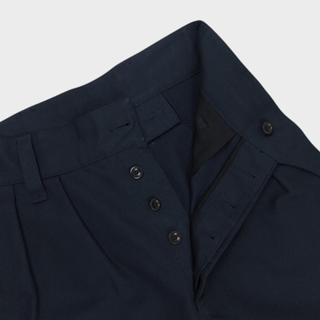 MHL MARGARET HOWELL Men's Navy Blue 60/40 Cotton Wool Blend Pleated High Waist Trousers