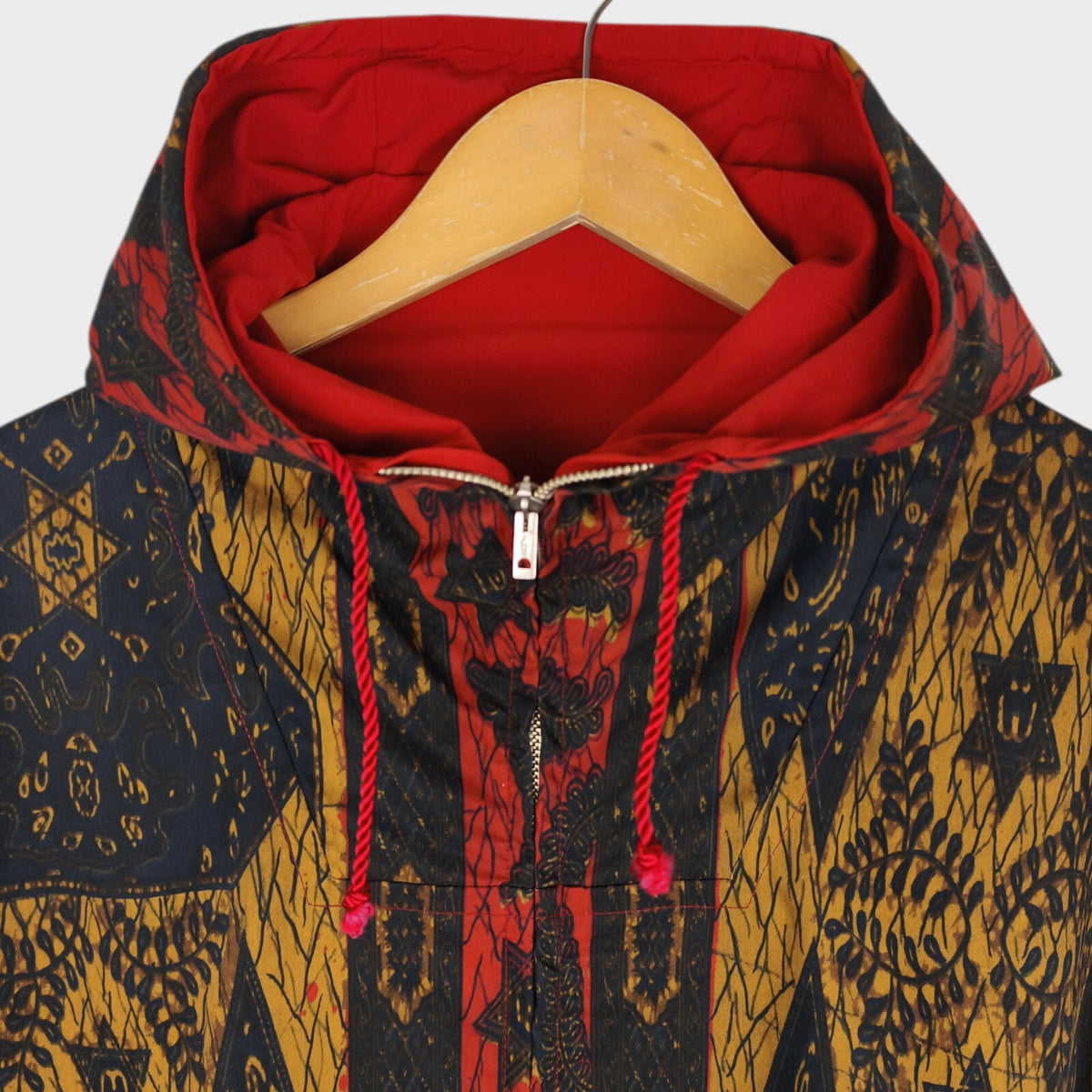 BEAMS PLUS Men's Batik Print Reversible Hooded Parka Jacket