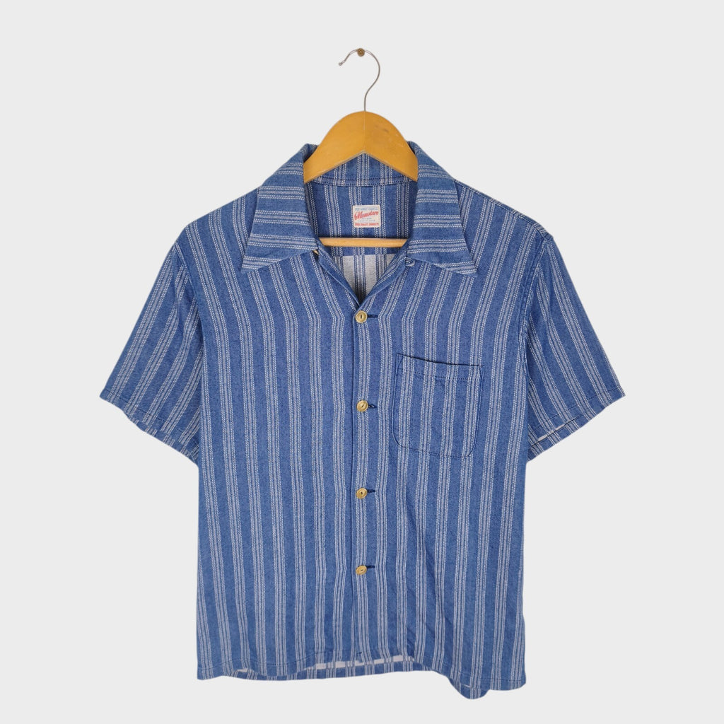 MOMOTARO Men's Made in Japan Blue Striped Camp Collar Short Sleeved Shirt