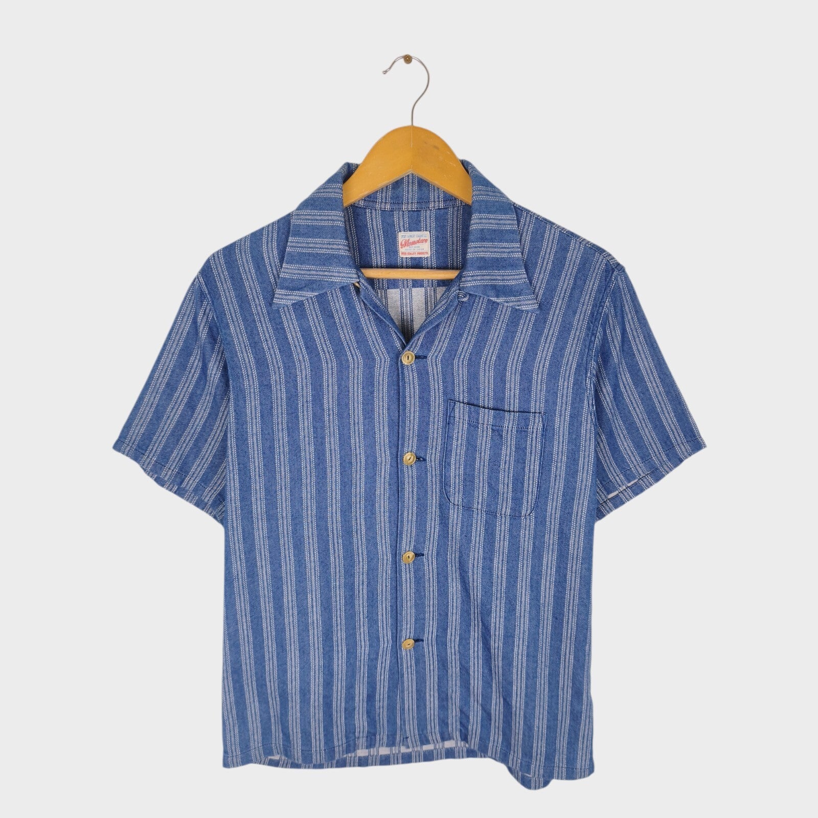 MOMOTARO Men's Made in Japan Blue Striped Camp Collar Short Sleeved Shirt