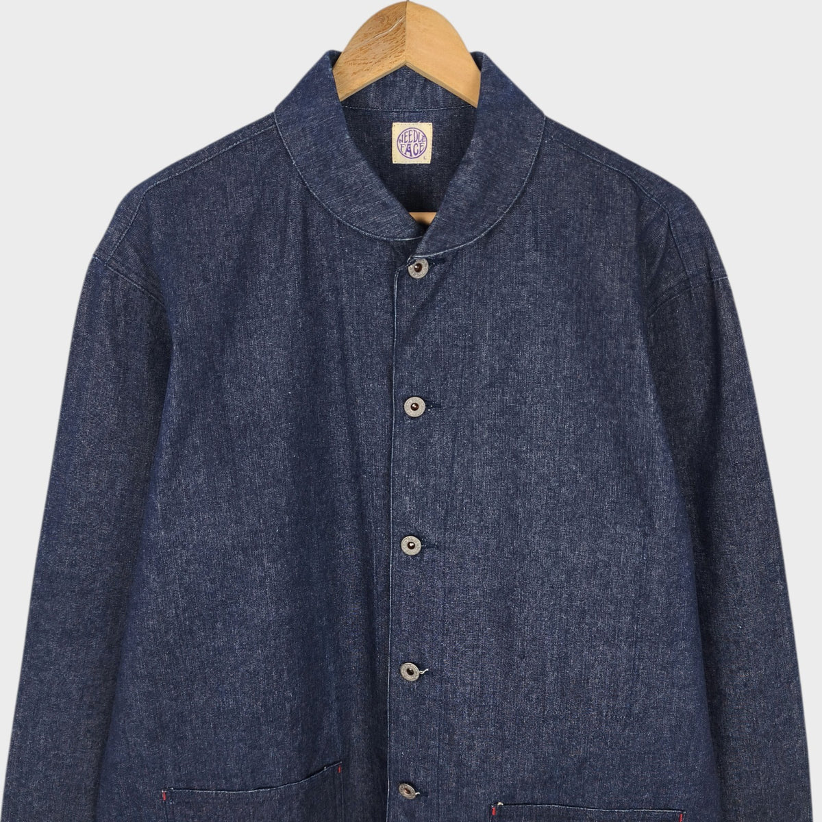 NEEDLE FACE Men's Made in USA Rigid Denim Shawl Collar Chore Jacket
