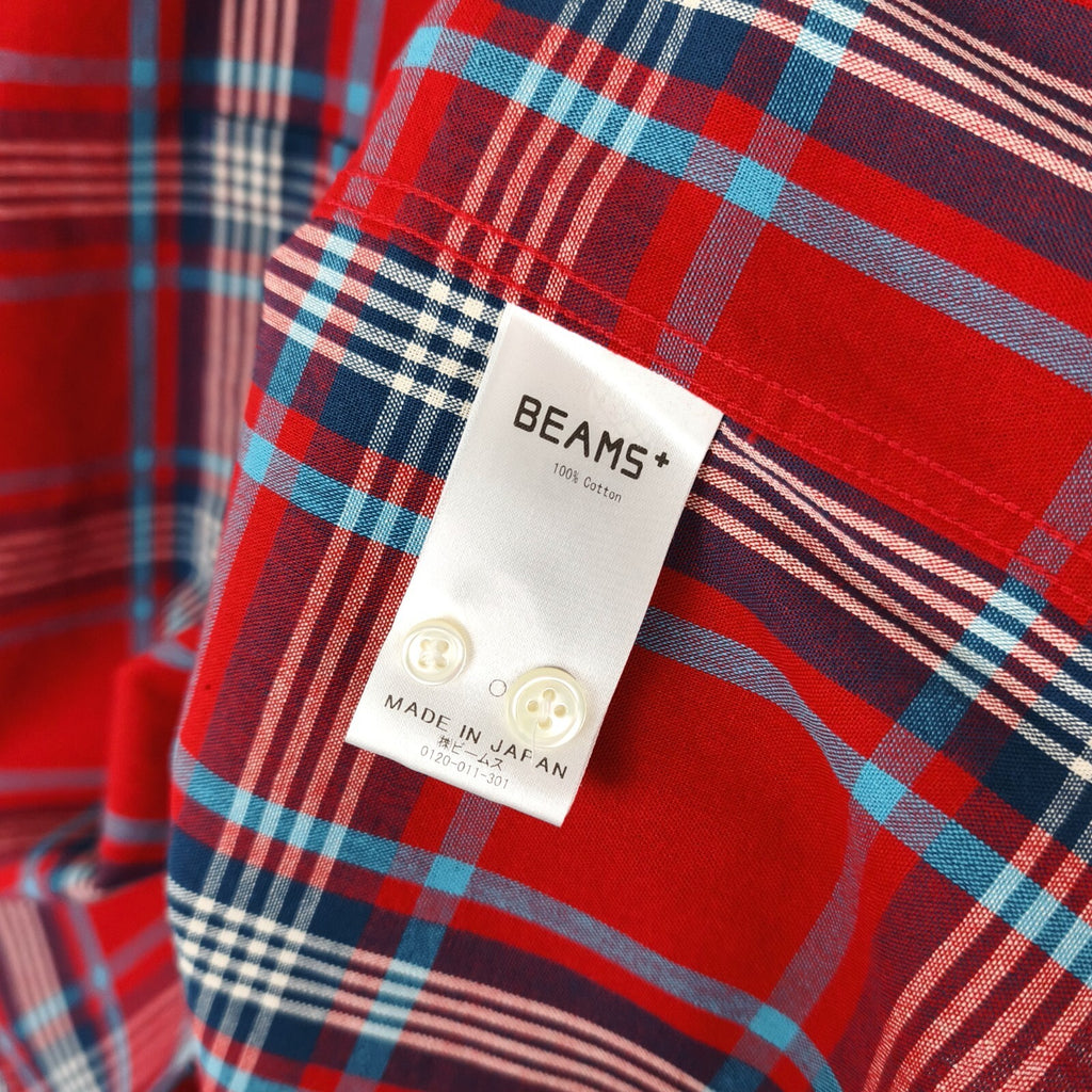 BEAMS PLUS Men's Made in Japan Cotton Red Checked Camp Collar Shirt