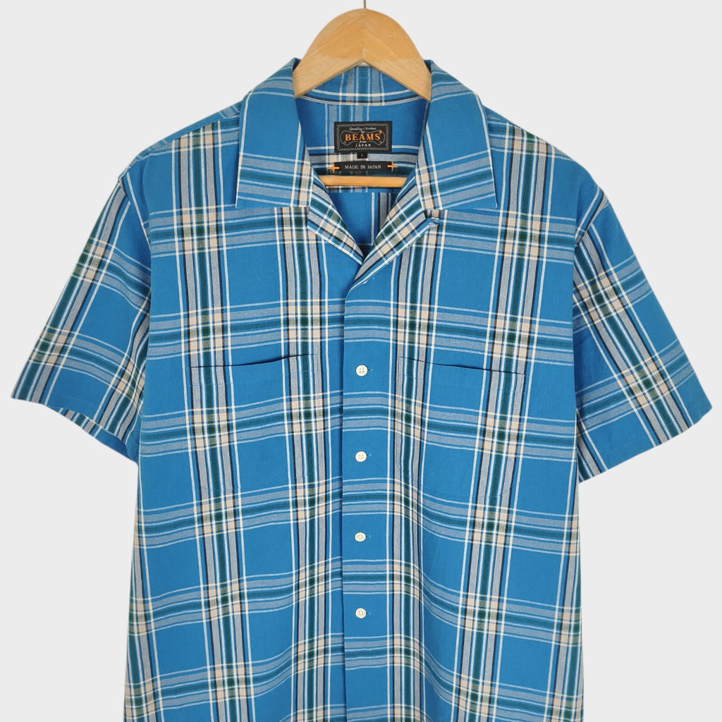 BEAMS PLUS Men's Made in Japan Cotton Checked Camp Collar Shirt