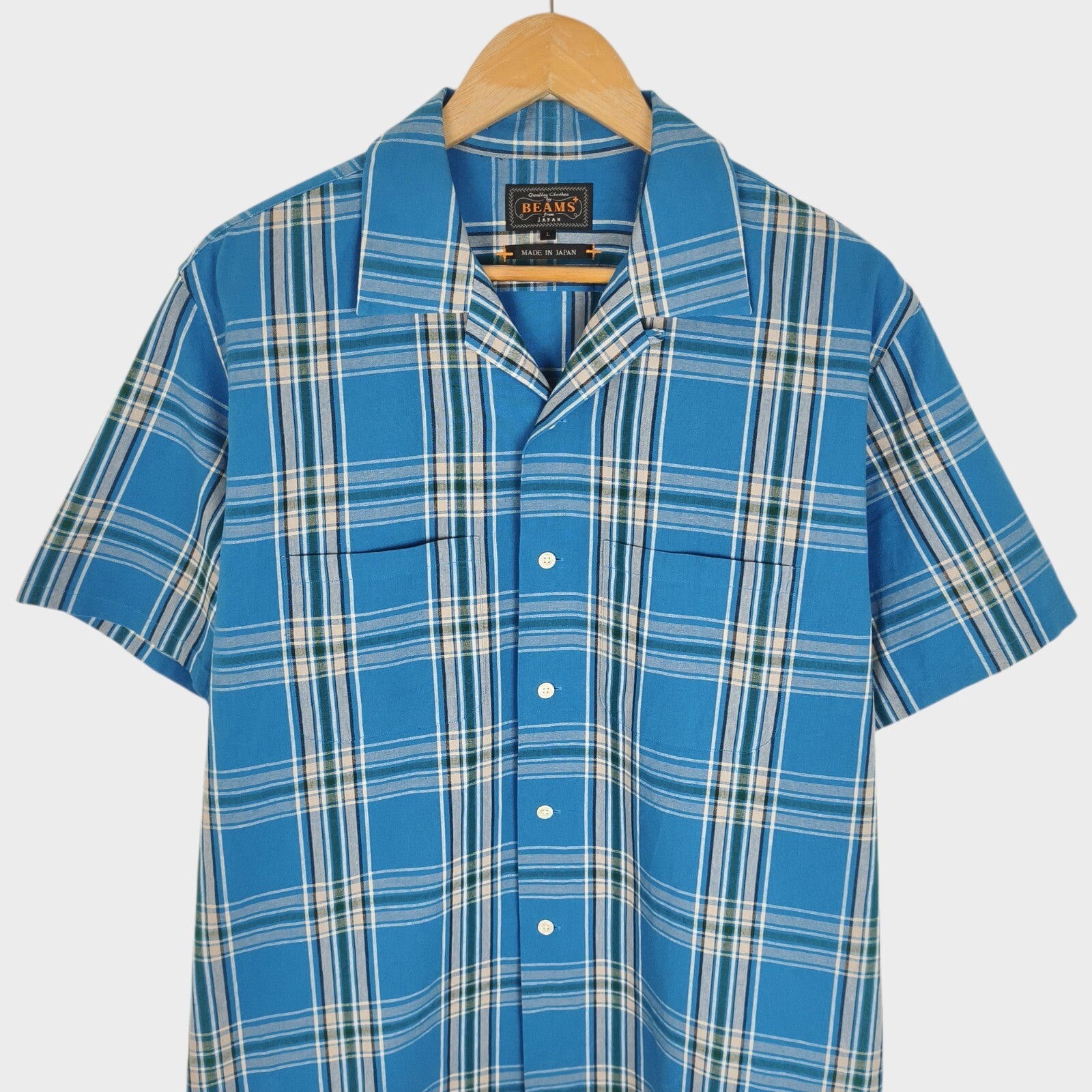 BEAMS PLUS Men's Made in Japan Cotton Checked Camp Collar Shirt
