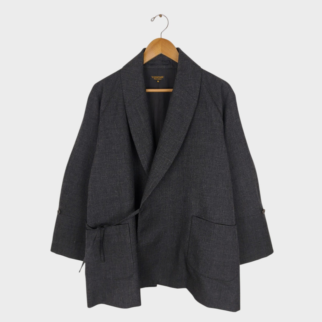 A VONTADE Men's Made in Japan Dark Grey Wool Robe Kimono Coat