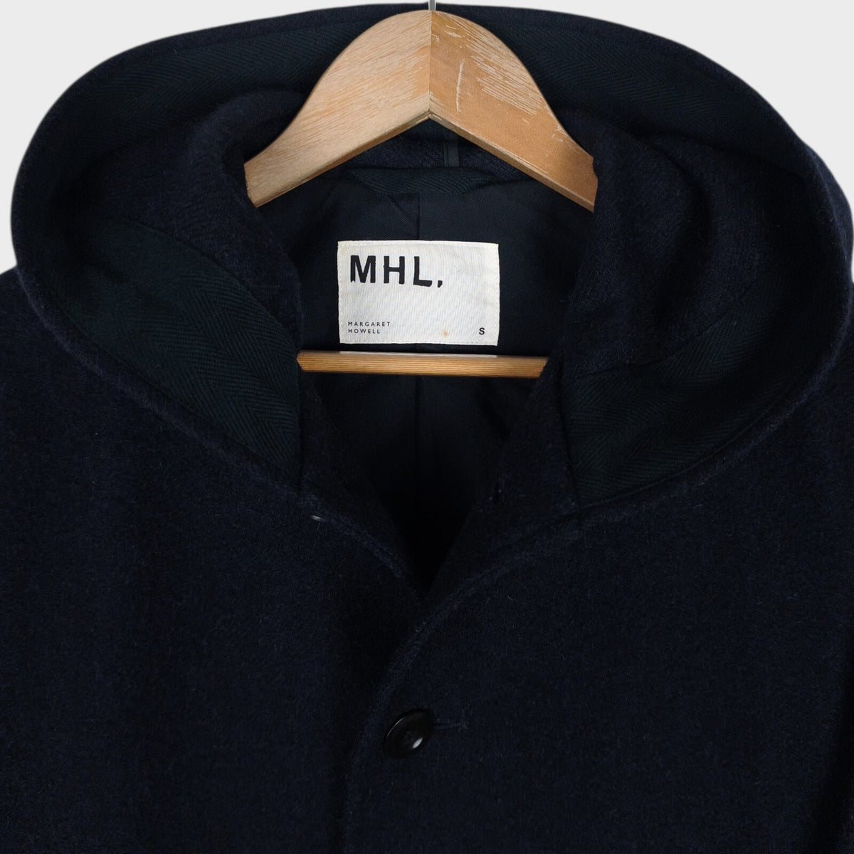 MHL MARGARET HOWELL Men's Dark Navy Blue 100% Wool Hooded Coat