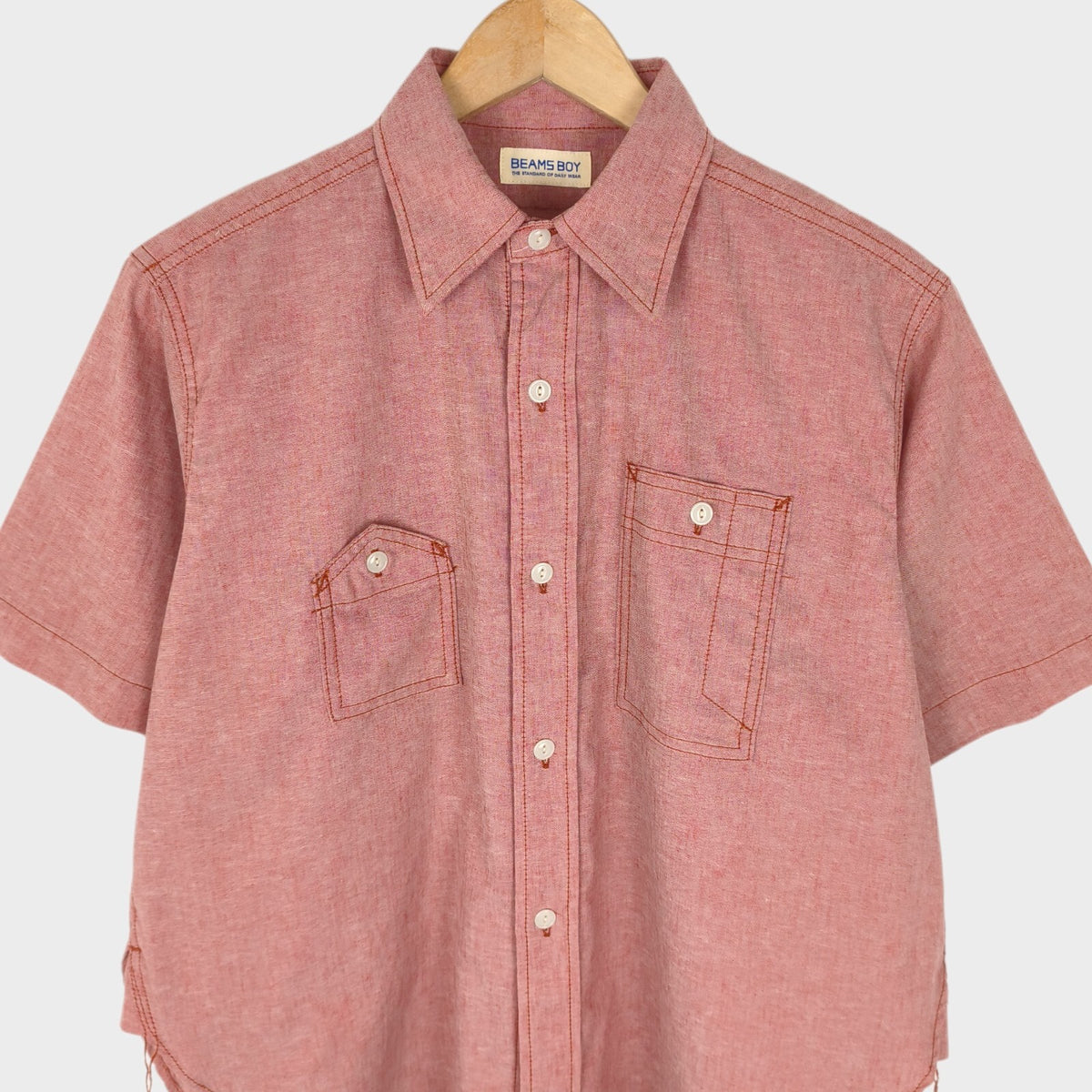 BEAMS BOY Women's Linen Blend Pink/Pastel Red Boxy Fit Utility Shirt