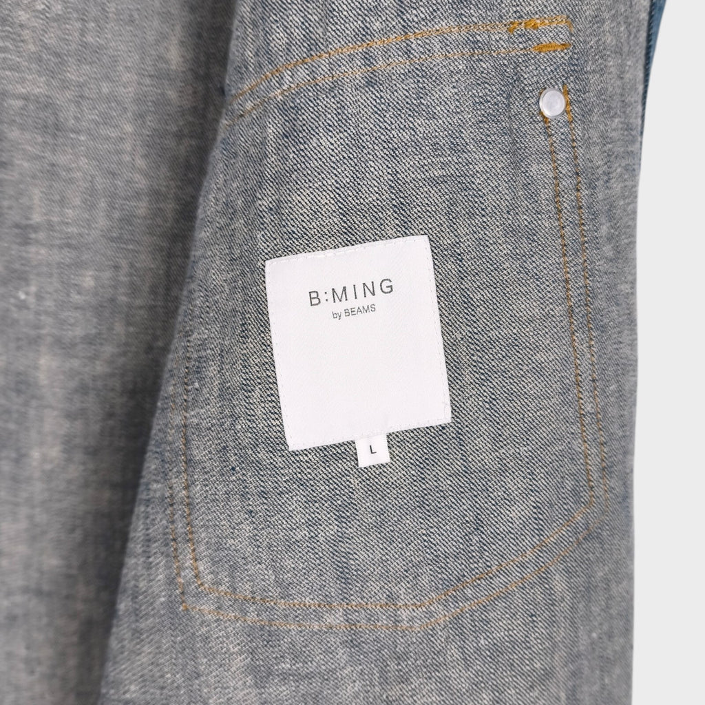 BEAMS B:MING Men's Blue Cotton/Hemp Boxy Fit Denim Trucker Jacket