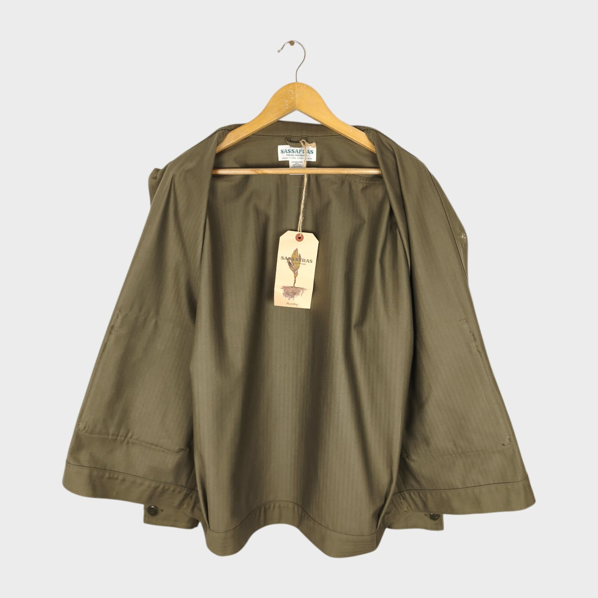 SASSAFRAS Men's Made in Japan Green Herringbone Overgrown Trug Jacket