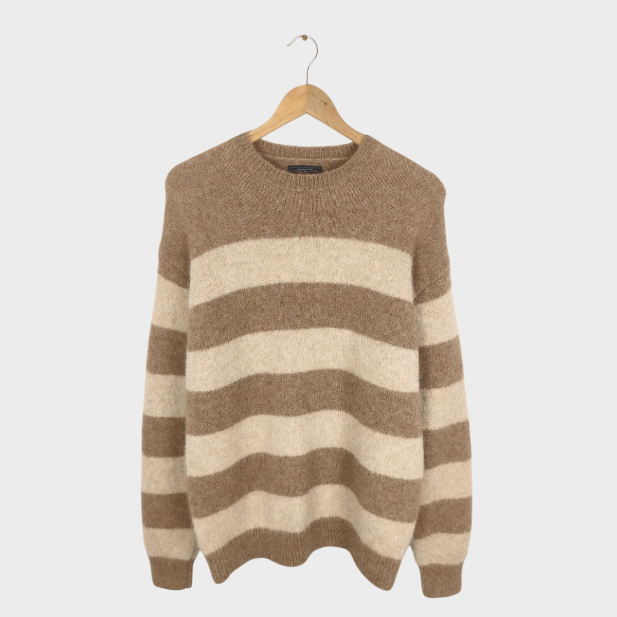 BEAMS PLUS Men's Llama Cashmere Mohair Blend Striped Shaggy Jumper