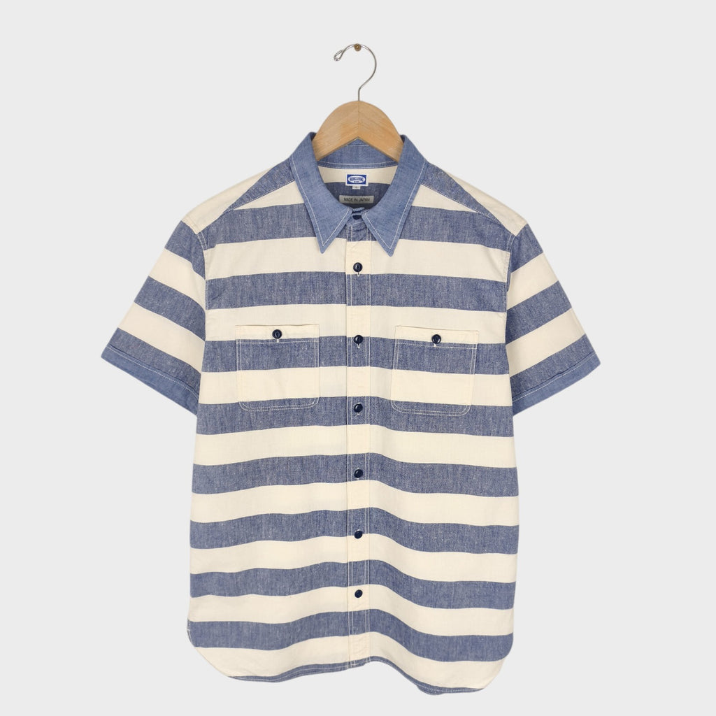 BEAMS WORK CLOTHING Men's Made in Japan Ecru/Blue Striped Short Sleeved Shirt