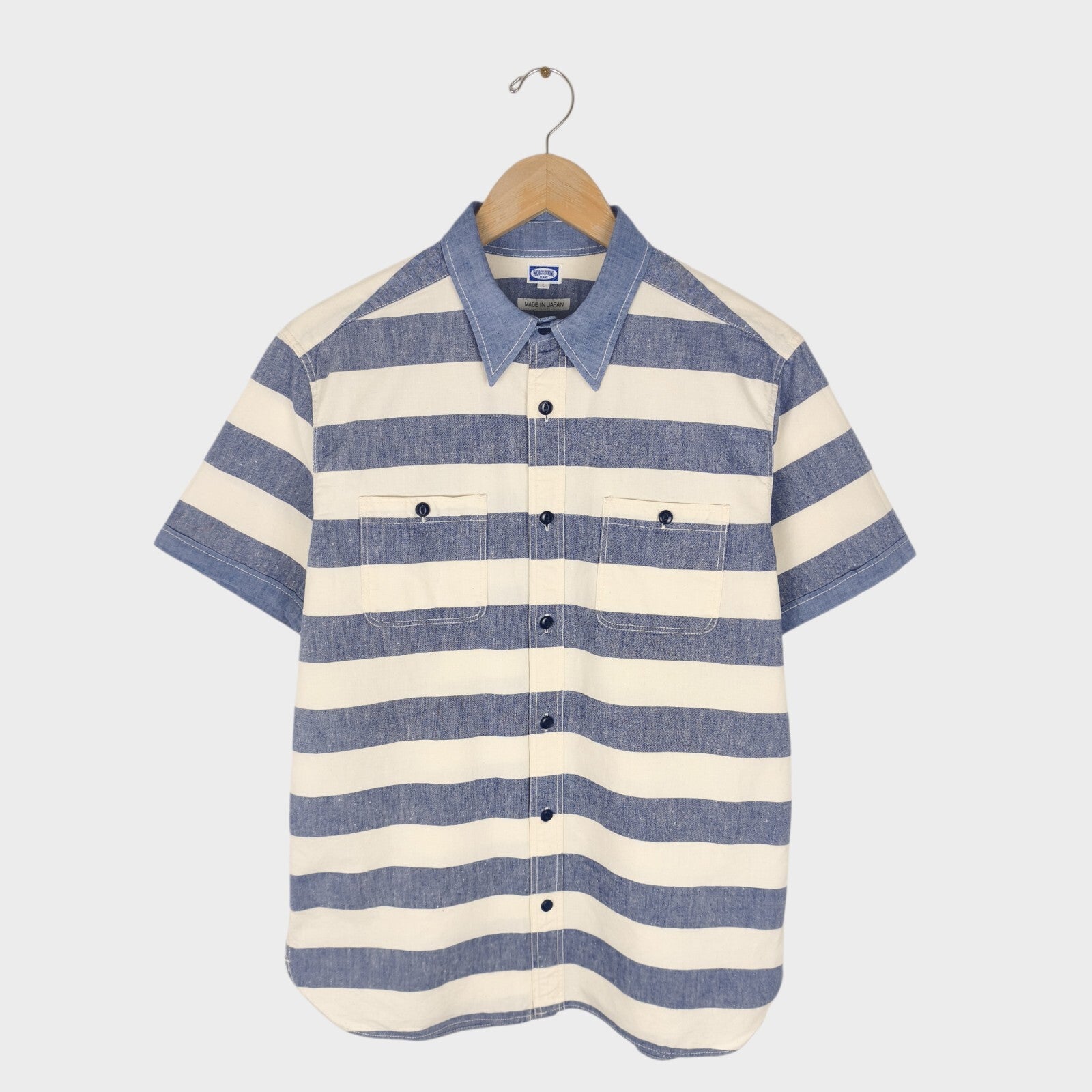 BEAMS WORK CLOTHING Men's Made in Japan Ecru/Blue Striped Short Sleeved Shirt