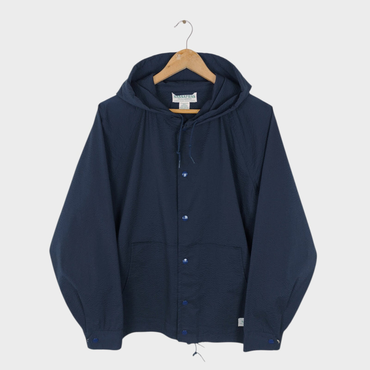 SASSAFRAS Men's Made in Japan Navy Blue Seersucker Bud Breaker Jacket