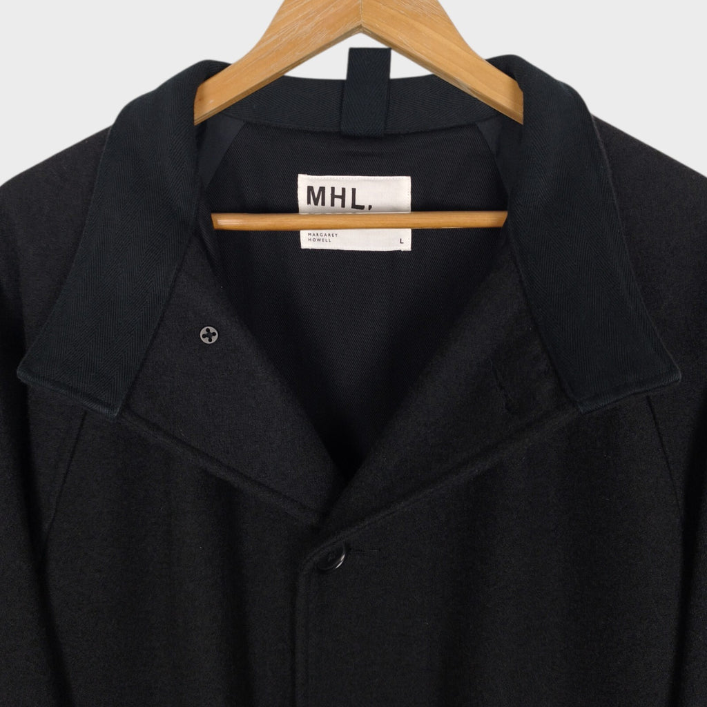 MHL MARGARET HOWELL Men's Grey Heavyweight 100% Melton Wool Stand Collar Coat